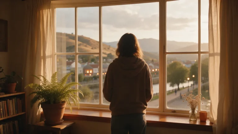 Adolescente de espaldas mirando por una ventana al atardecer