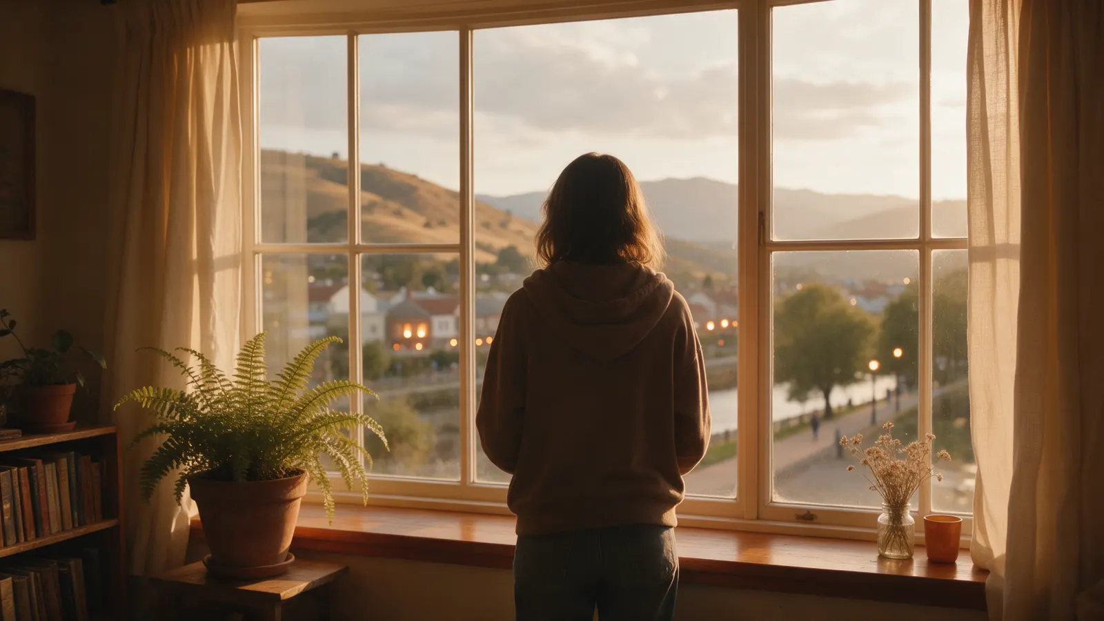 Adolescente de espaldas mirando por una ventana al atardecer