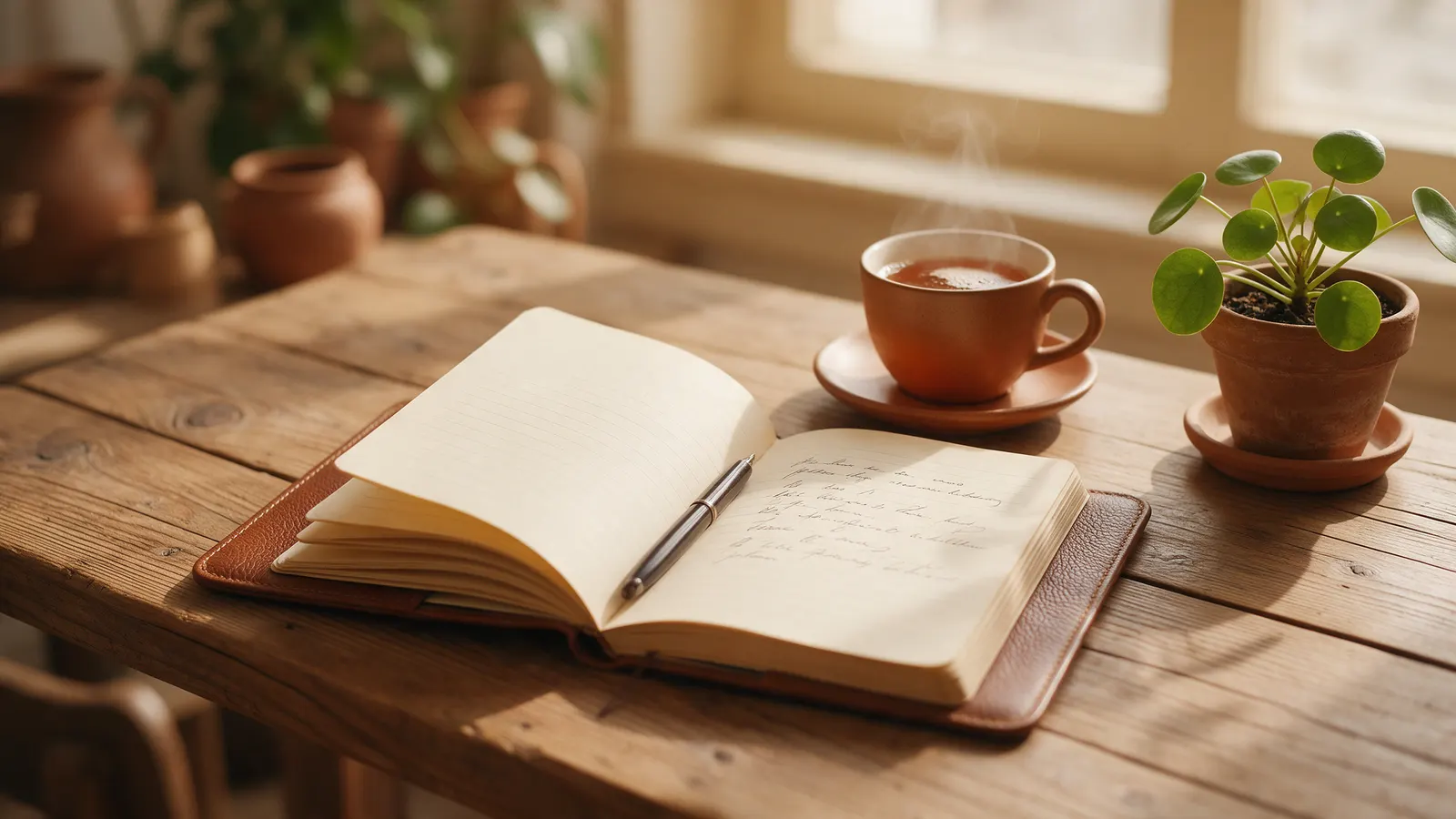 Cuaderno abierto con un bolígrafo junto a una taza de té y una planta, con luz natural de tarde