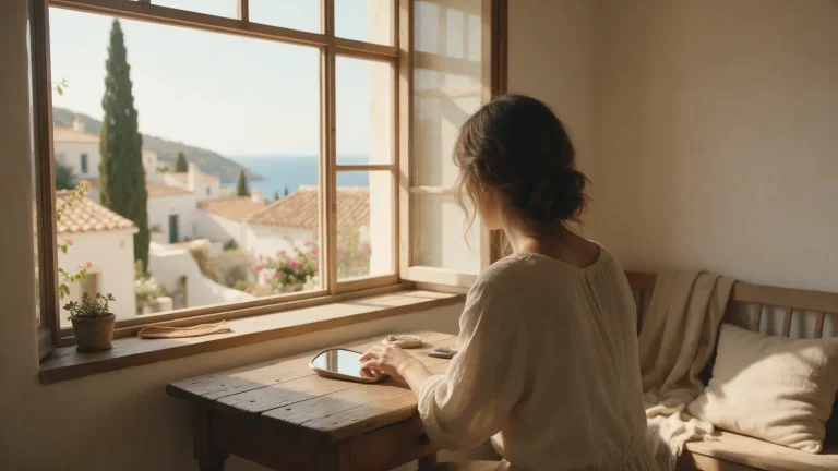 Mujer de espaldas junto a una ventana luminosa, en un momento de calma e introspección