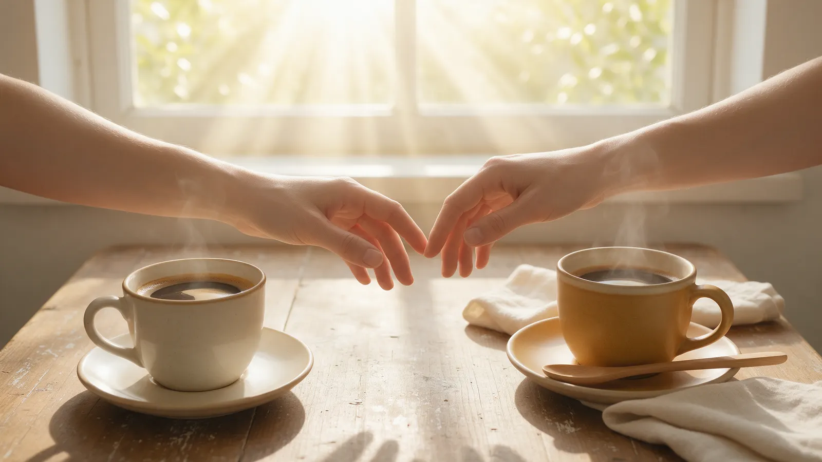 Dos manos que se acercan sobre una mesa con dos tazas de café a la luz de la mañana
