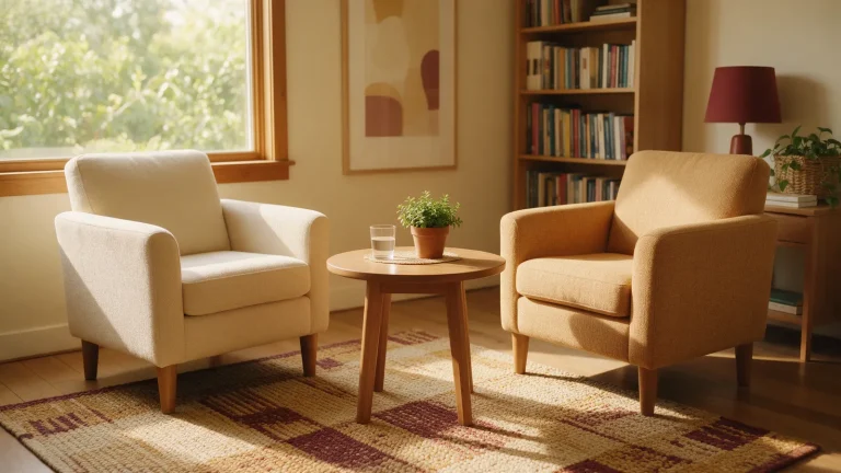 Consulta de psicología acogedora con dos butacas, una mesa baja y luz natural