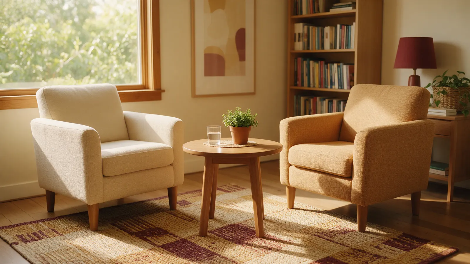 Consulta de psicología acogedora con dos butacas, una mesa baja y luz natural