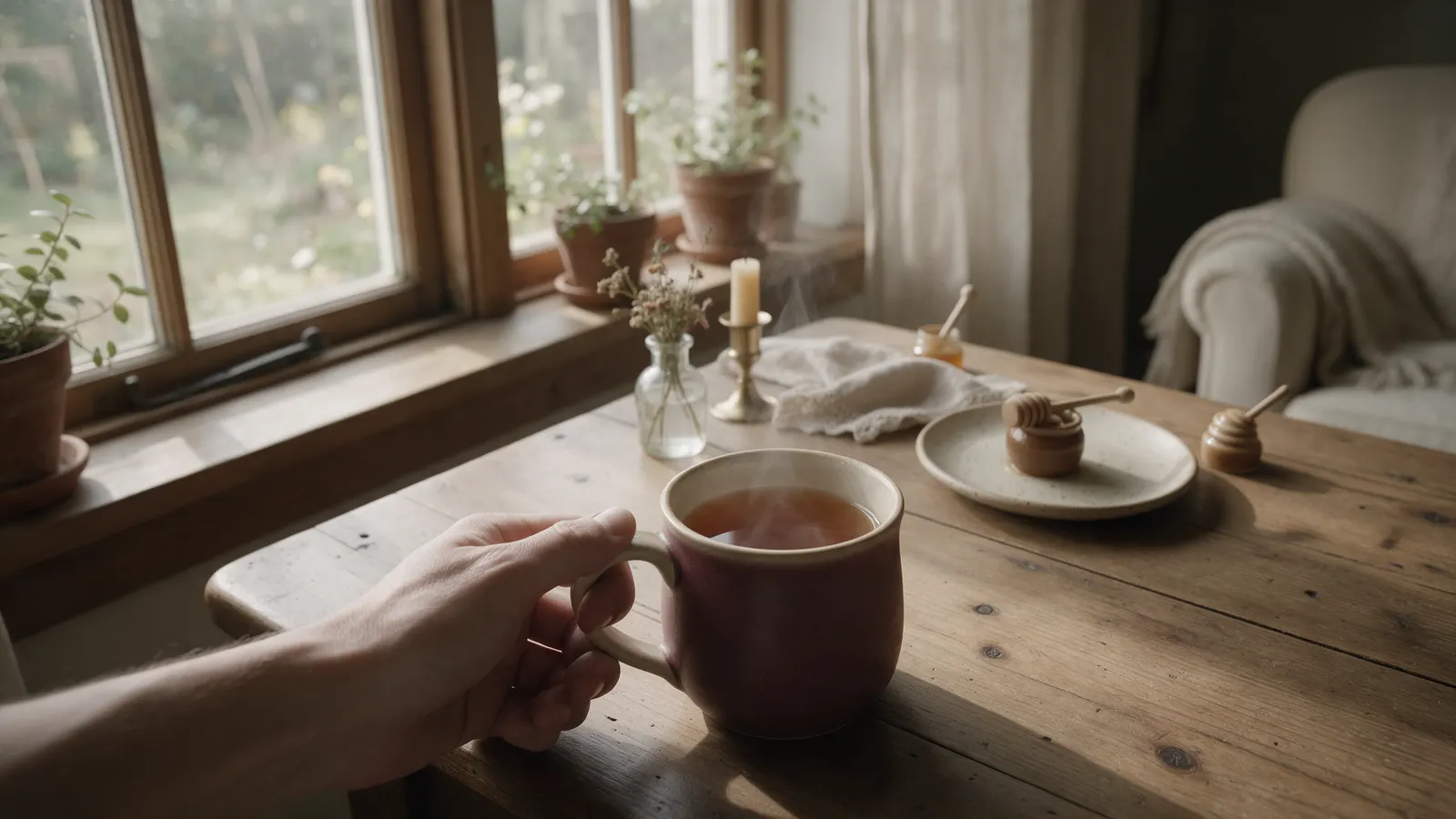 Mano de un hombre sosteniendo una taza de té junto a una ventana con luz de mañana