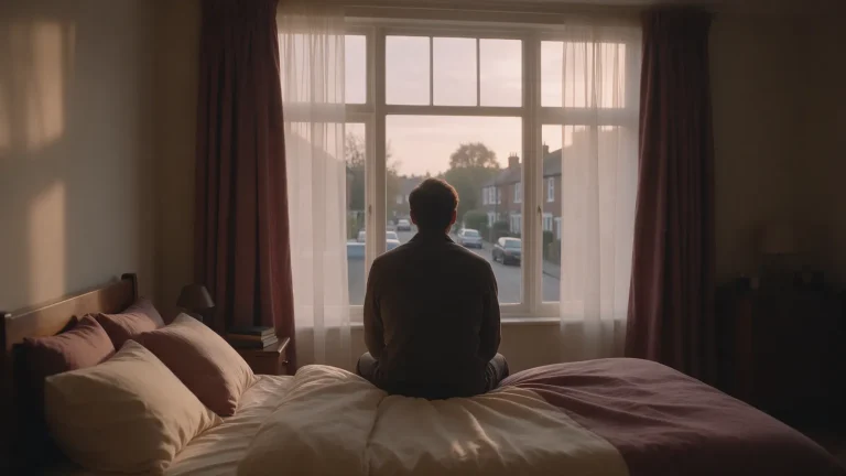 Hombre de espaldas sentado en el borde de la cama mirando por la ventana al amanecer